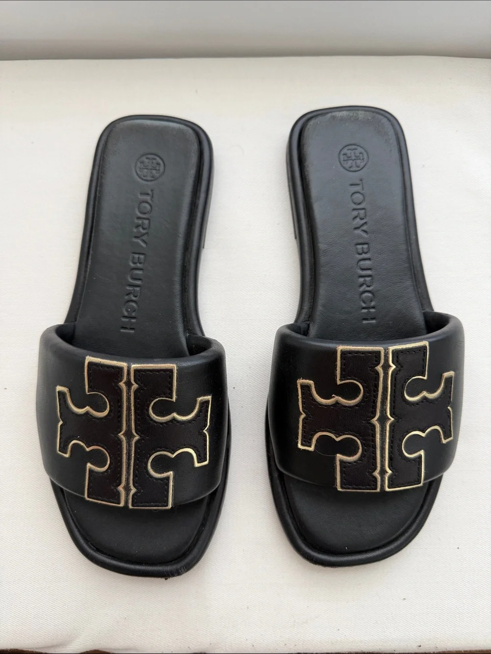 Tory Burch Black Leather Slide Sandals with Gold-Trim Logo